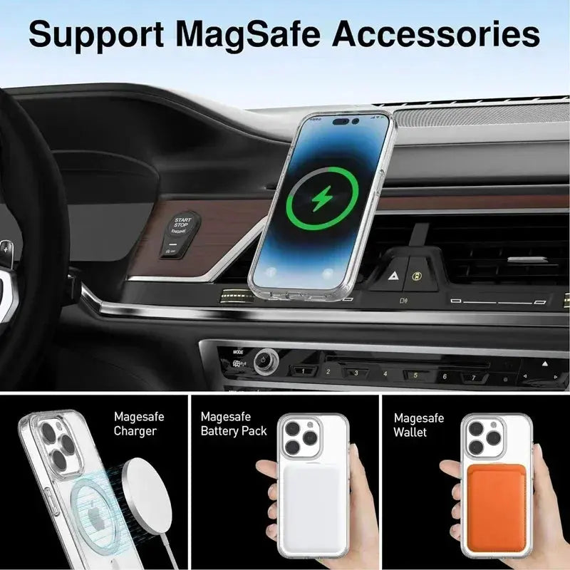 Merit Sell phone transparent case showing support for MagSafe accessories including charger battery pack and wallet