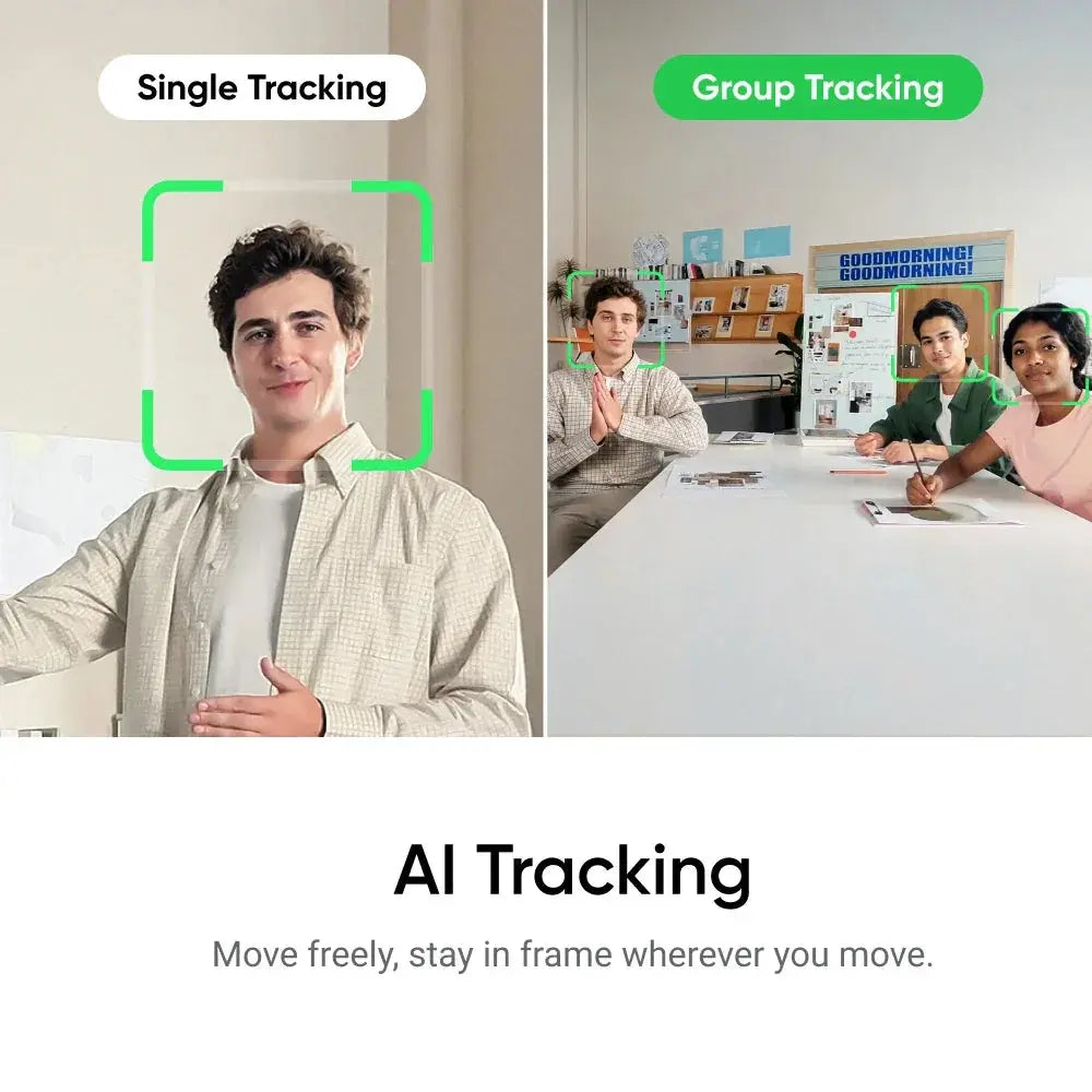 Insta360 Link 2 4K webcam AI tracking showing single and group tracking for clear face focus