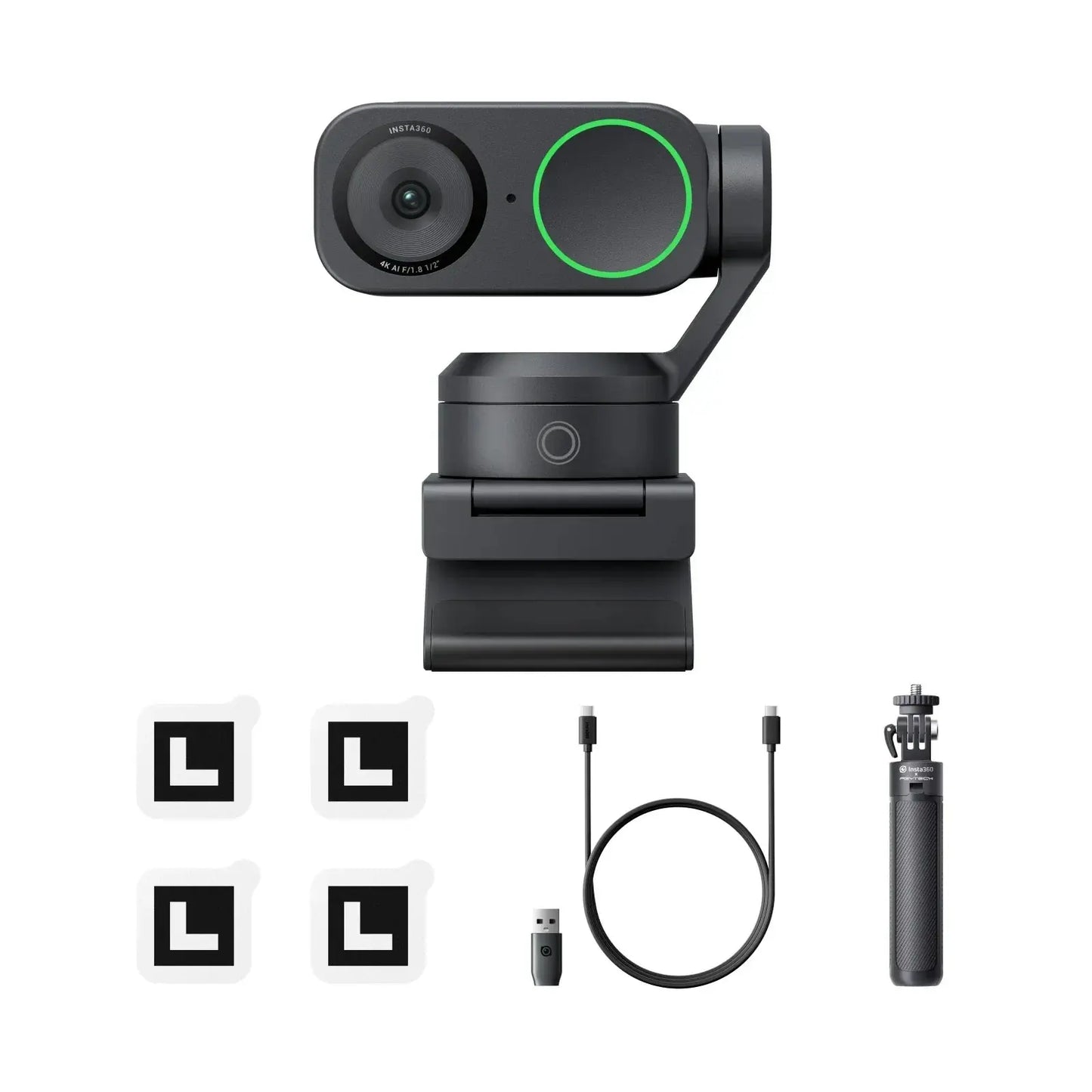 Insta360 Link 2 4K webcam with mounting clip, USB cable, tripod, and tracking markers in black
