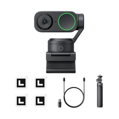 Insta360 Link 2 4K webcam with mounting clip, USB cable, tripod, and tracking markers in black