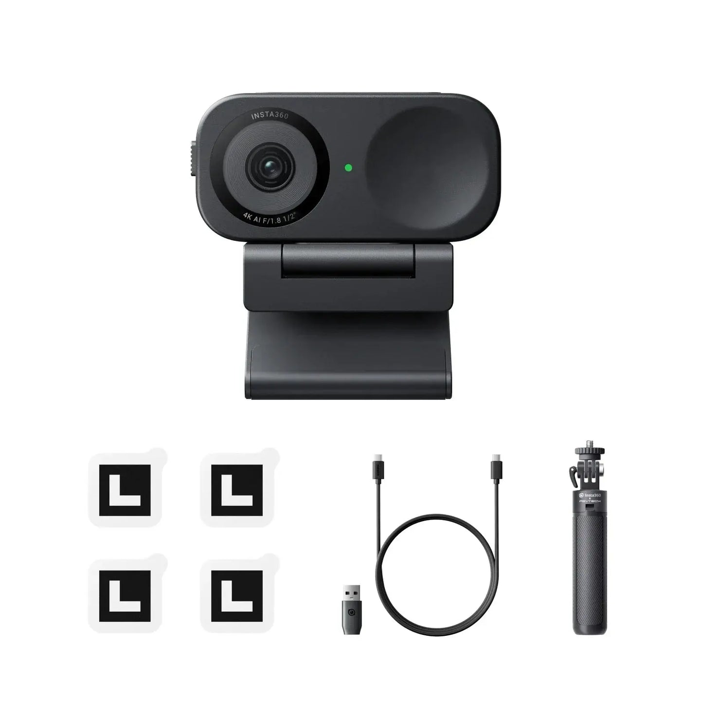 Insta360 Link 2 4K webcam with USB cable, mounting stickers, and small tripod for versatile video streaming