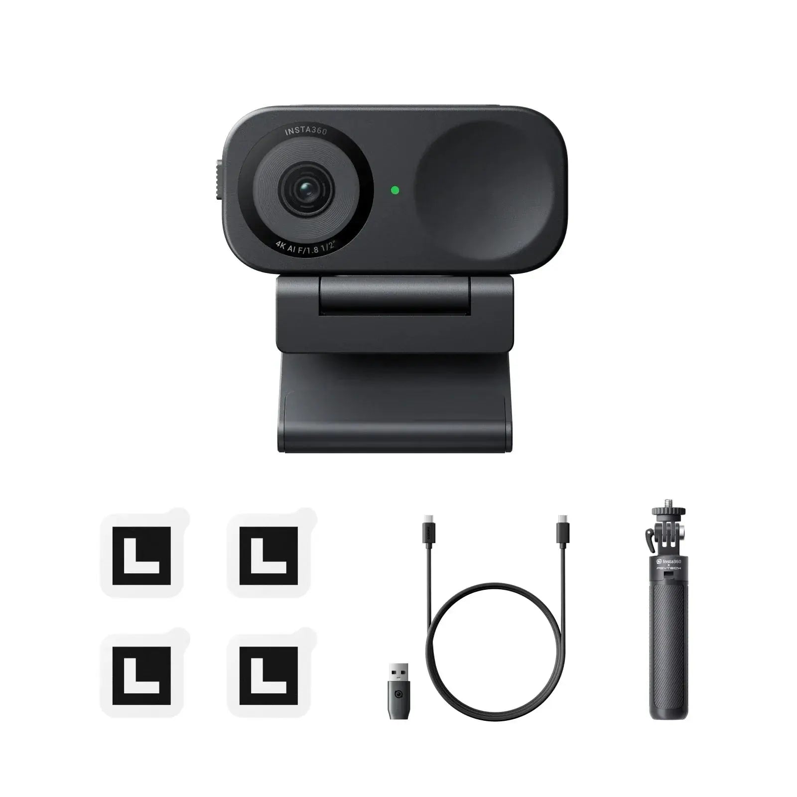 Insta360 Link 2 4K webcam with USB cable, mounting stickers, and small tripod for versatile video streaming