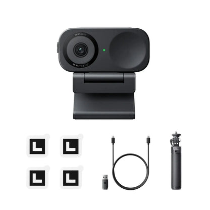 Insta360 Link 2 4K webcam with USB cable, mounting stickers, and small tripod for versatile video streaming