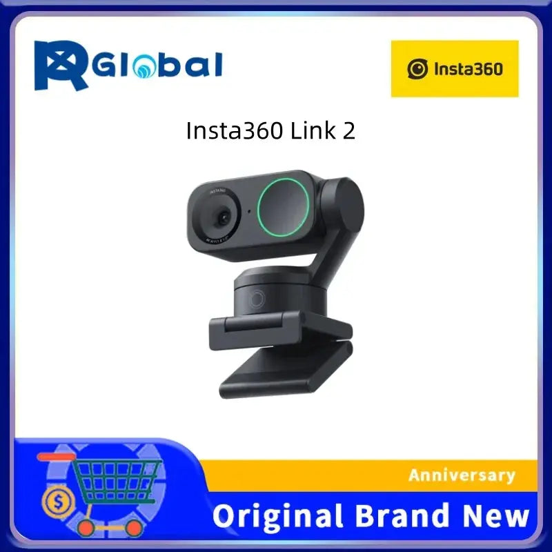 Insta360 Link 2 4K webcam in black with adjustable mount and circular green light ring