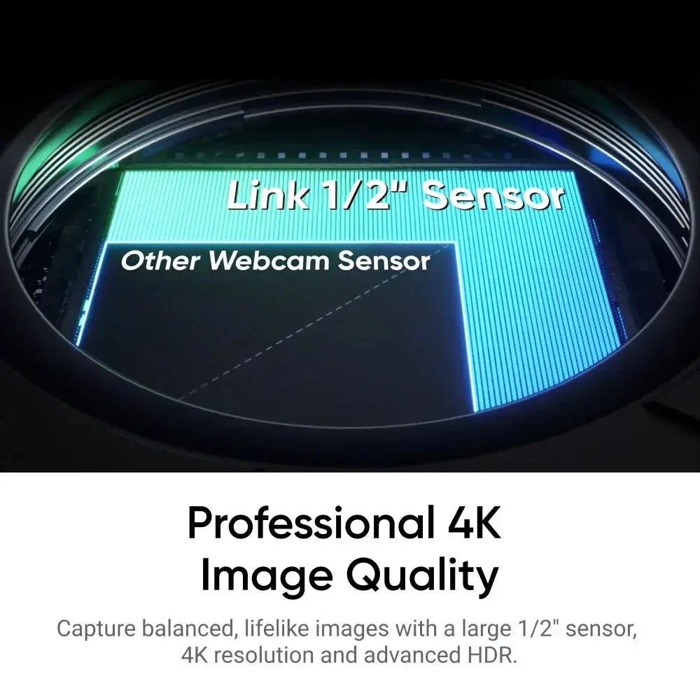 Insta360 Link 2 4K webcam sensor comparison highlighting large 1/2 inch sensor for professional 4K image quality