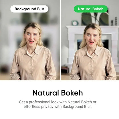 Comparison of Background Blur and Natural Bokeh effects using Insta360 Link 2 4K webcam on a woman in beige shirt