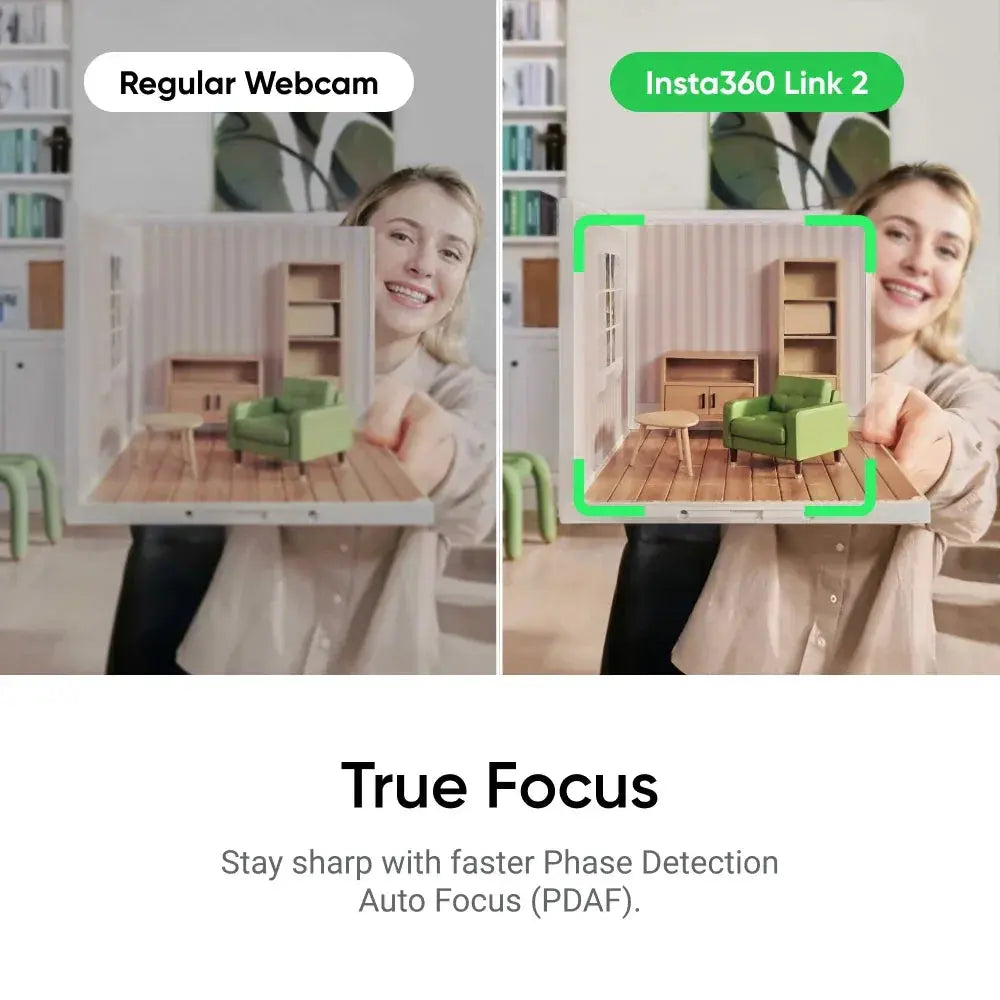 Comparison of regular webcam and Insta360 Link 2 4K webcam showing sharper focus and clearer image