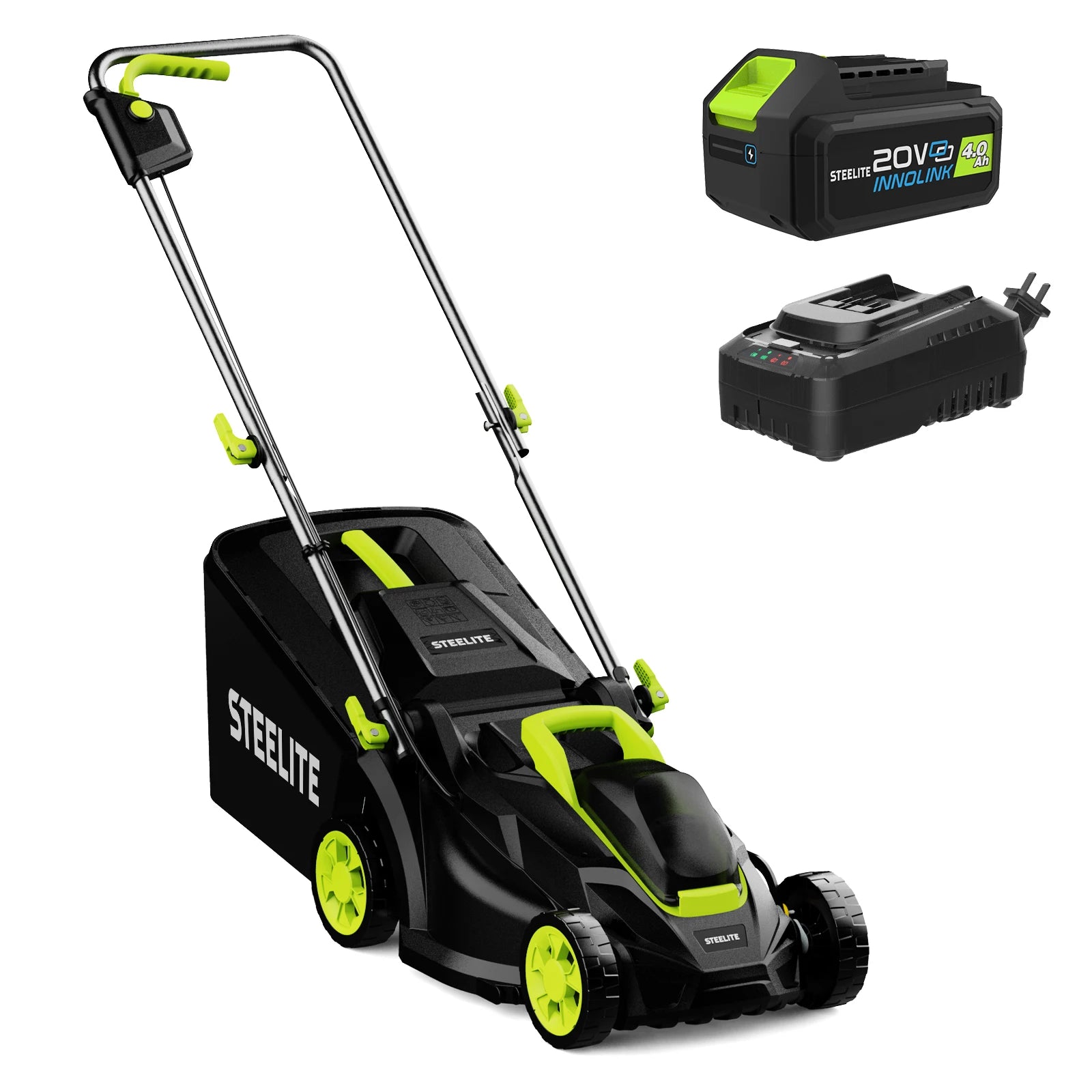 Merit Sell cordless electric lawn mower in black and green with rechargeable battery and charger