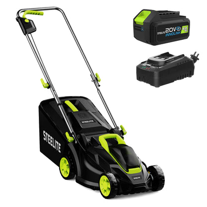 Merit Sell cordless electric lawn mower in black and green with rechargeable battery and charger
