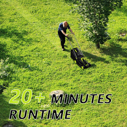 Man using a cordless electric lawn mower on green grass showcasing over 20 minutes runtime