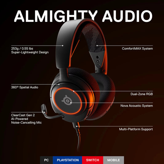 Merit Sell RGB wired headset with spatial surround sound featuring lightweight design and noise-cancelling mic