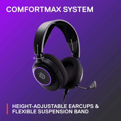 Merit Sell RGB wired headset with spatial surround sound featuring height-adjustable earcups and flexible suspension band