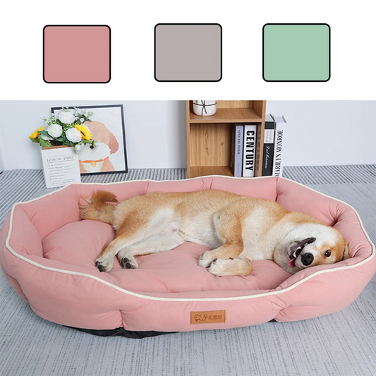 Warm pet sofa for big dogs in pink with cushioned sides and a relaxed dog lying comfortably