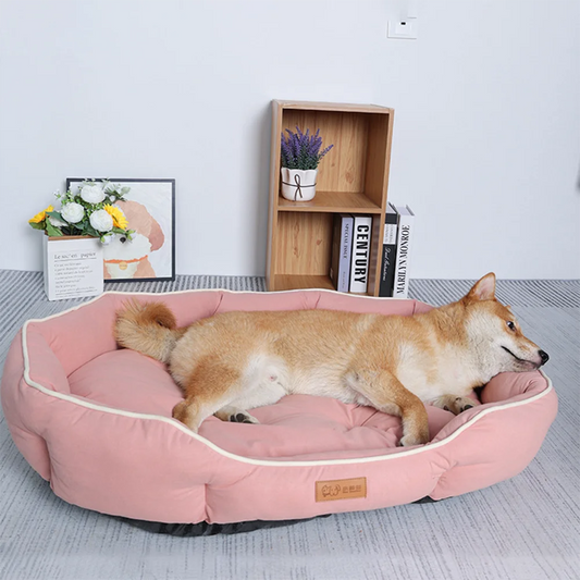 Warm pet sofa for big dogs in pink with cushioned sides and soft fabric featuring a dog lying comfortably